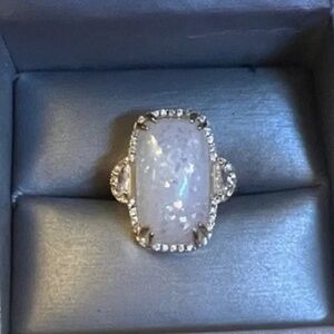 Elegant Gold Ring with White Opalescent Stone&CZ halo Size 7